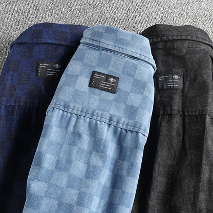 Spring Japanese Retro Long Sleeve Lapel Denim Plaid Cargo Shirts Men's High Street 100% Cotton Washed Loose Casual Thin Jacket
