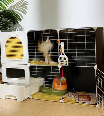 Gaiolas Grandes para Gatos com Cama e Caixa de Areia Casa de Gatos Interna de Vários Níveis Espaçosa Vila para Animais de Estimação 3 em 1 Cercadinho Espaçoso com Área de Descanso