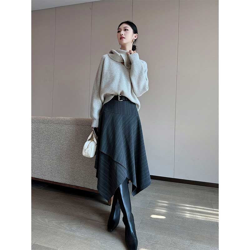 Women Clothing Autumn Winter Fashion Korean Striped A-line Skirt High Waist Female Versatile Appear Thin Irregular Soft Skirt