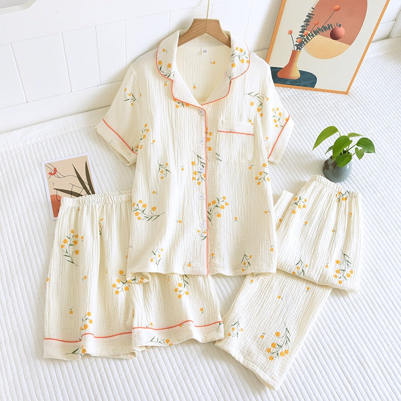 New summer women's cotton crepe three-piece short sleeve + shorts + trousers large size simple flower pajamas home service suit