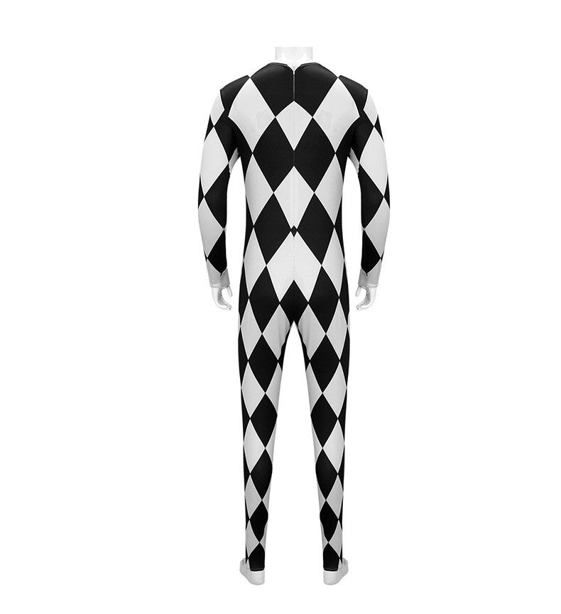 Freddie Mercury - Queen Harlequin Cosplay Costume Unitard Black and White Diamond Bodysuit with attached feet for Men