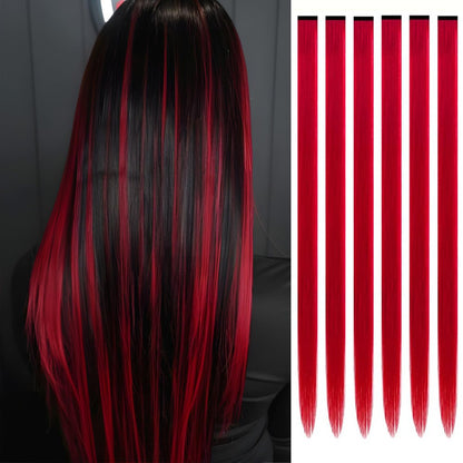 6 Pcs Clip Extensions, 24 Inch Colored Hair Extensions Party Highlights Long Straight Synthetic Hairpieces for Women Kids Girl