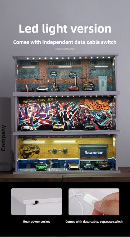 Estacionamento Simulado 1:64 com Luzes Cena em Miniatura Garagem de Brinquedo para Meninos Suporte de Exibição de Carros Coleção Infantil