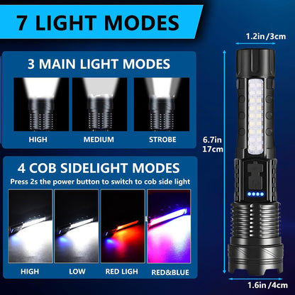 Rechargeable LED Flashlights, Super Bright Handheld Flashlight, 7 Modes with COB Work Light, Tactical Flash Light for Home