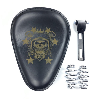 Assento Individual de Couro Retrô Marrom/Preto Caveira para Motocicleta + Suporte de Mola de 3" para Harley Custom Chopper Bobber Assento de Selim de Couro