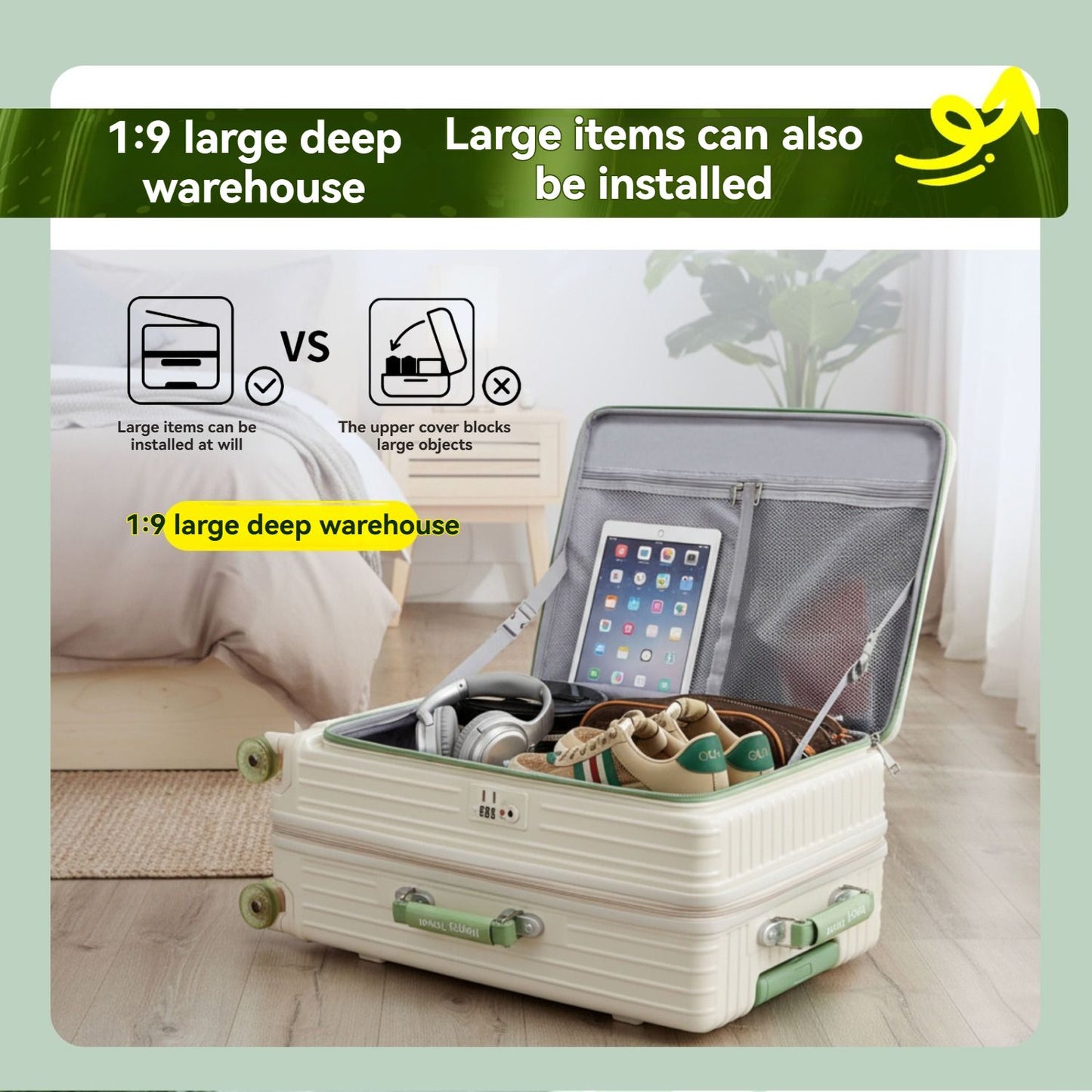1-Piece Set of Front-Opening Suitcase with Jelly Wheels, Trolley Case with 5cm Expansion Layer, Leather Handle, Luggage with Phone Holder, Foldable Cup Holder, Side Hook Function, Customs Lock, Suitable for Outdoor Beach Vacations and Long-Distance Travel