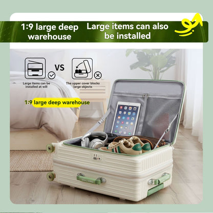 1-Piece Set of Front-Opening Suitcase with Jelly Wheels, Trolley Case with 5cm Expansion Layer, Leather Handle, Luggage with Phone Holder, Foldable Cup Holder, Side Hook Function, Customs Lock, Suitable for Outdoor Beach Vacations and Long-Distance Travel