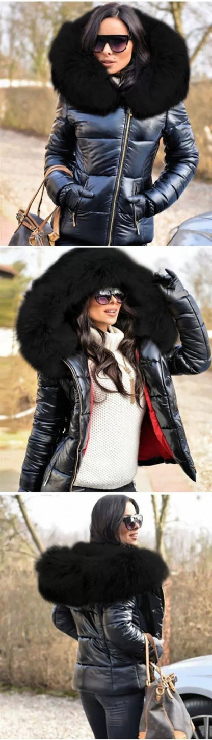 Women’s Short Coat with Fur Collar Winter Warm Quilted Jacket Outerwear