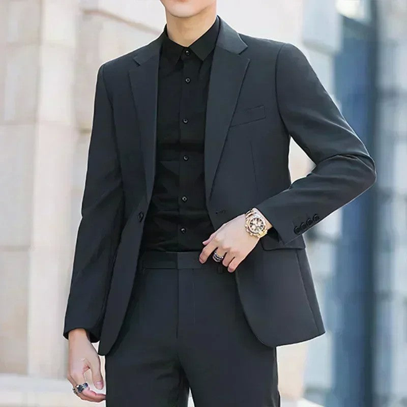 S-6XL Men's Business Casual Suit Korean Style Trendy Slim Fit 2 Piece Set Solid Color ?Blazer+ Pants )Groom Wedding Dress Party