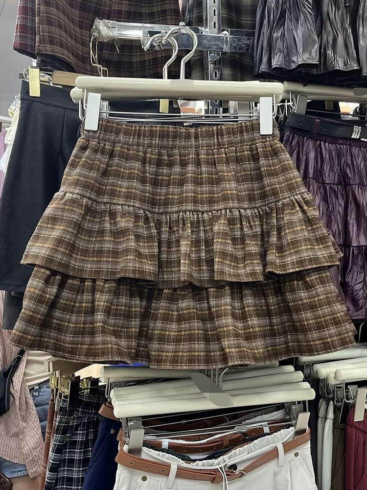 Japanese Y2k Cute Ruffled Plaid Skirt Punk Rock Subculture Cake Skirts Japanese Preppy Style Casual New 2025 Women Skirts