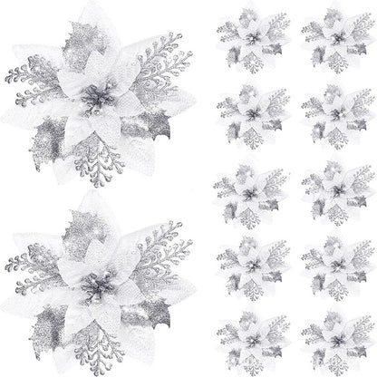5pcs 14.5cm Glitter Artifical Christmas Flowers Mreey Christmas Tree Decoration Happy New Year Ornaments Xmas Fake Flowers natal