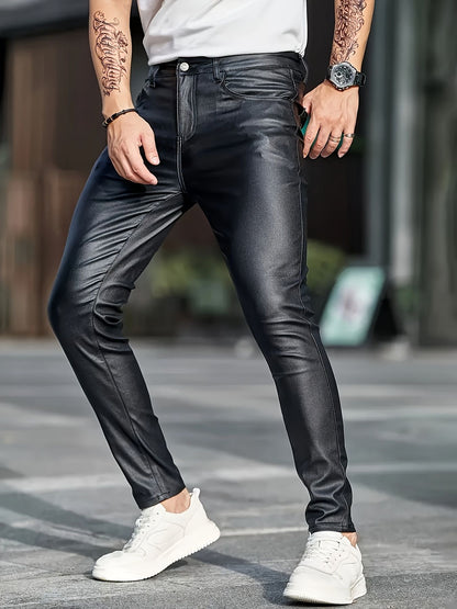 European and American men's plus size hot fashion black leather pants trend high-end slim fit small leg pants versatile pants