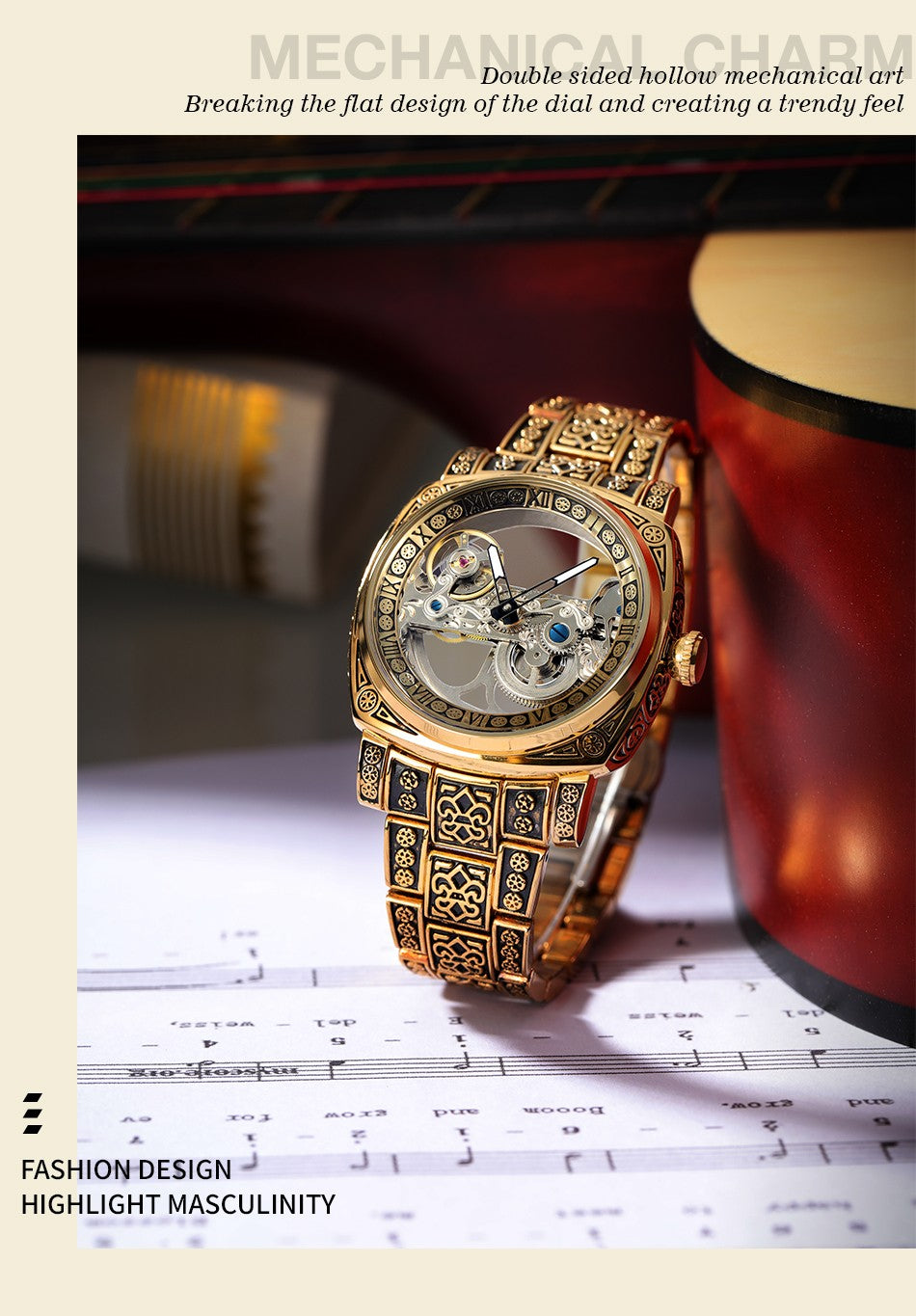 FORSINING High-end Luxury Gold Skeleton Mechanical Man Watch Automatic Movement Clock Stainless Steel Male Bronze Wrist Watches