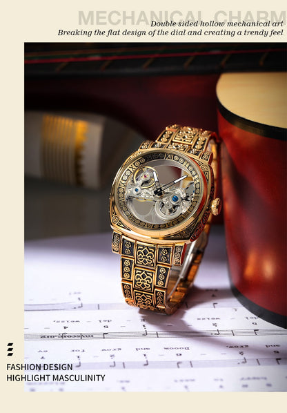 FORSINING High-end Luxury Gold Skeleton Mechanical Man Watch Automatic Movement Clock Stainless Steel Male Bronze Wrist Watches