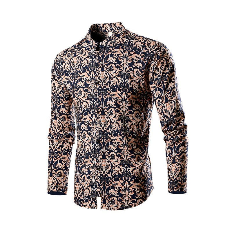 Chinese Style Men's Stand-up Collar Long-sleeved Shirt, Single-breasted Printed Shirts, Fashion Casual Camisas, Red Green Blue