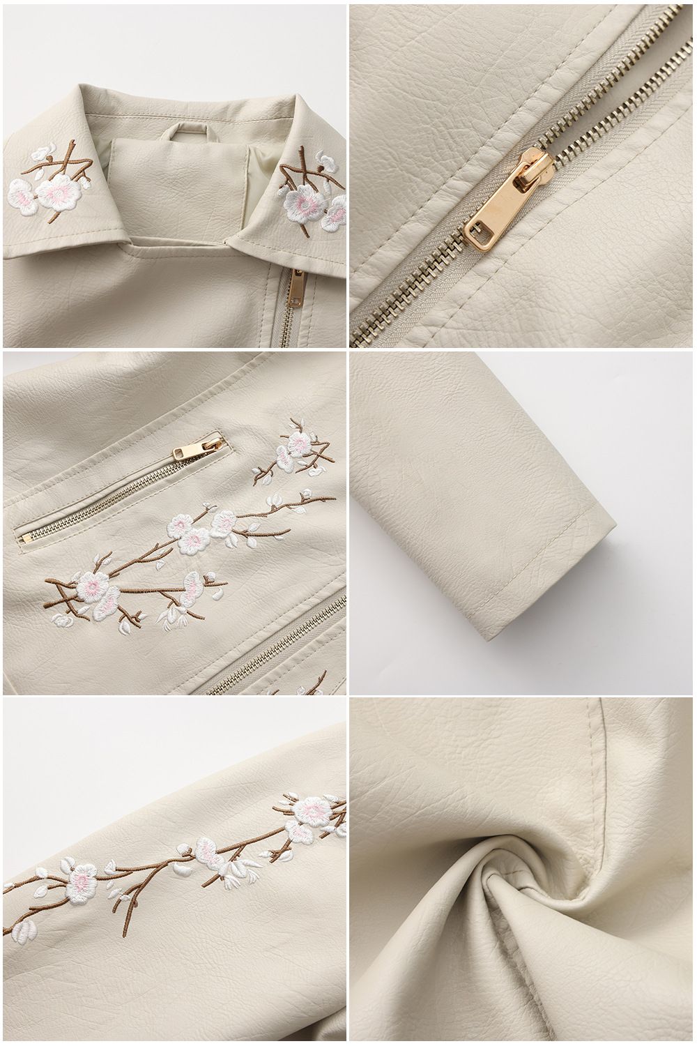 New Fall Women's Black Embroidered PU Jacket, Street-Style Brown Faux Leather Coat, Fashionable Beige Long Sleeves Top.