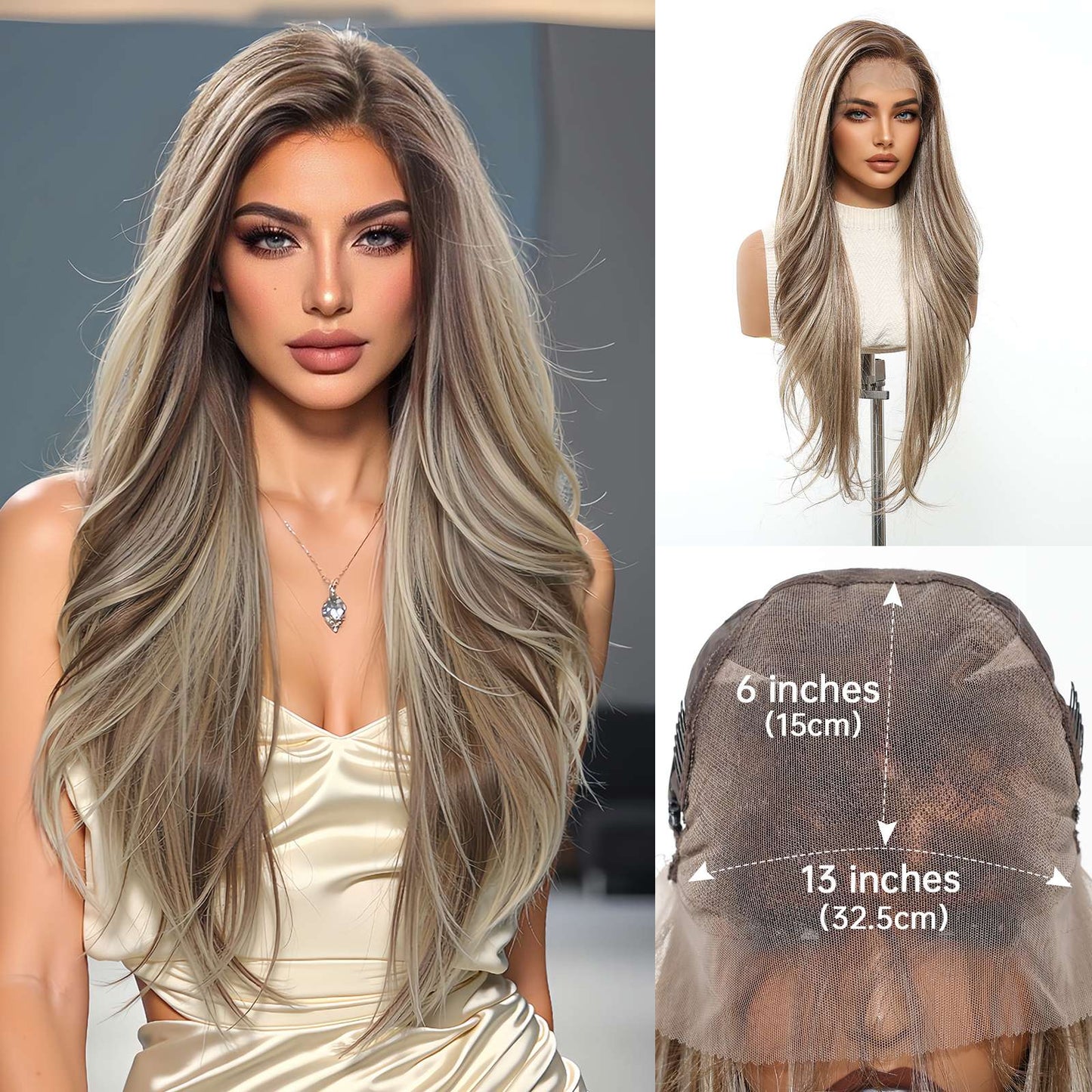 HENRY MARGU Peruca Sintética Lace Front 13x6 Peruca Longa Castanho Cinza Cabelo Ondulado Natural para Uso Diário Peruca de Fibra de Alta Temperatura