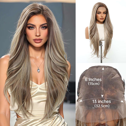 HENRY MARGU Peruca Sintética Lace Front 13x6 Peruca Longa Castanho Cinza Cabelo Ondulado Natural para Uso Diário Peruca de Fibra de Alta Temperatura