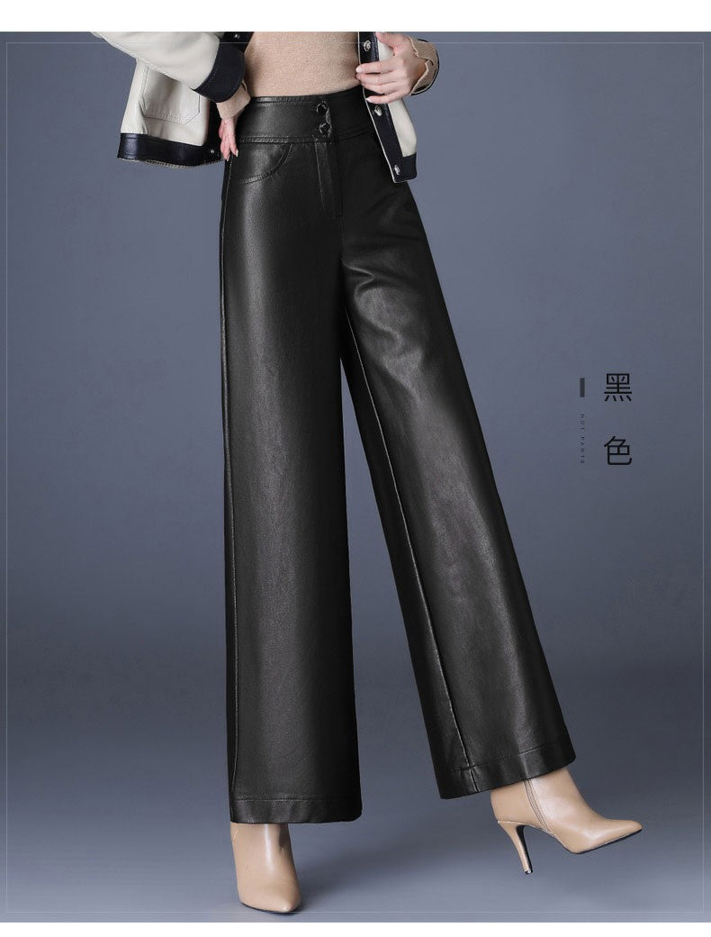 ZUZK High Quality Women PU Leather Wed Leg Pants  Autumn Winter Fashion Warm Long Leather Pants Elegant LeatherTrousers