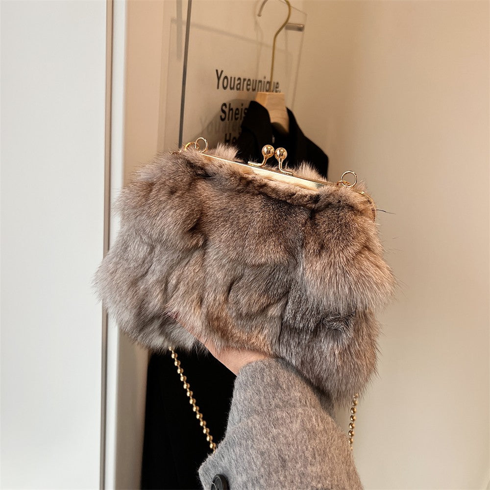 MOODS Soft Plush Evening Bags For Elegant Women Fox Fur Dinner Party Clutch Chain Crossbody Winter Warm Luxury Designer Handbags