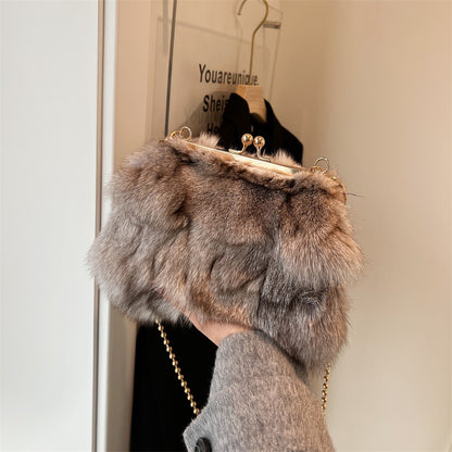 MOODS Soft Plush Evening Bags For Elegant Women Fox Fur Dinner Party Clutch Chain Crossbody Winter Warm Luxury Designer Handbags