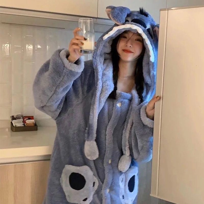 Disney Stitch Winter Pajamas Cartoon Autumn And Winter Cute Coral Thickened Velvet Long Home Clothes Pajamas Girls Home Clothes