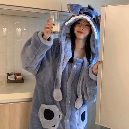 Disney Stitch Winter Pajamas Cartoon Autumn And Winter Cute Coral Thickened Velvet Long Home Clothes Pajamas Girls Home Clothes