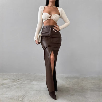 Women's Split Design Solid Color High Waist Pu Leather Skirt 2025 Spring Fall Office Lady Trendy Streetwear Long Skirts
