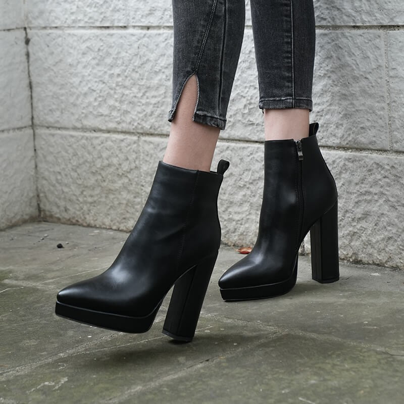 Onlymaker Women Pointed Toe Ankle Boots Black Matte Flock Chunky Heel Platform Booties Party Shoes Large Size Short Boots