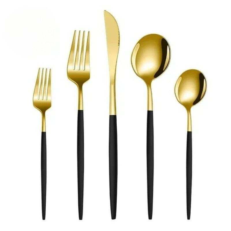 Conjunto de talheres de aço inoxidável banhado a ouro e titânio preto, com 5 peças, cabo com talheres de boca e conjunto de talheres de mesa