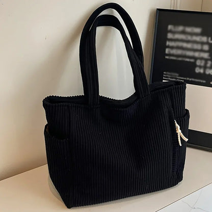 Casual Corduroy Handbag with Zipper Closure Light and Large Capacity Fixed Shoulder Strap Solid Color Daily Commuter Handbag