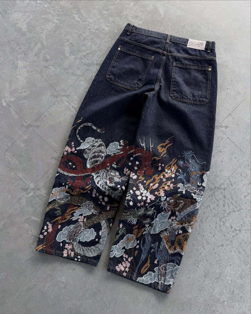 Fashion Harajuku High Street Striped Print Loose Straight High-waisted Pants Men Y2K Casual Hip-hop Oversized Washed Jeans Women