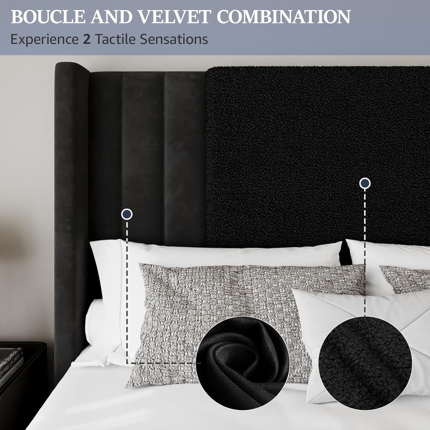 Queen Size Bed Frame with Tall Headboard and Footboard, Boucle and Velvet Upholstered Bed Frame Queen with LED Lights, M