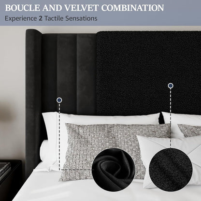 Queen Size Bed Frame with Tall Headboard and Footboard, Boucle and Velvet Upholstered Bed Frame Queen with LED Lights, M