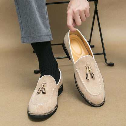 New Fashion Tassel Leather Men Shoes Slip On Loafers Round Toe Patchwork Suede Dress Shoes Man Daily Wedding Party Shoes for Man