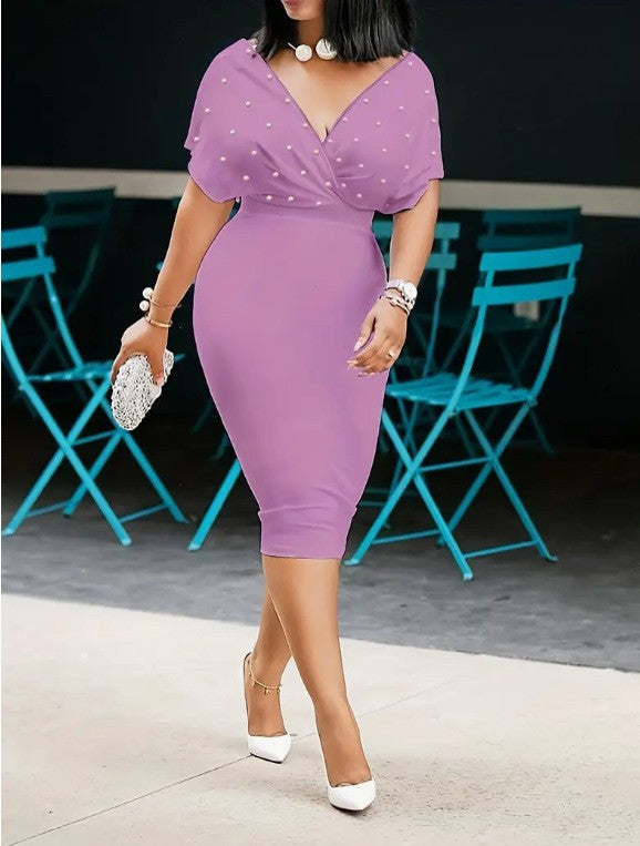 Fashion Party Dress For Wonen Sexy V Neck Package Hip Elegant Dresses 2025 Srping Summer Lady Solid Color Slim Office Midi Dress