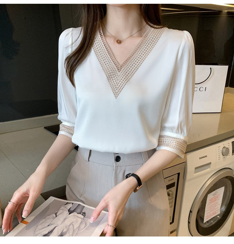Embroidery Half Sleeve White Lace Women Blouses 2024 Autumn V-Neck Loose Chiffon Tops Shirt Office Lady Elegant Blusas 13366