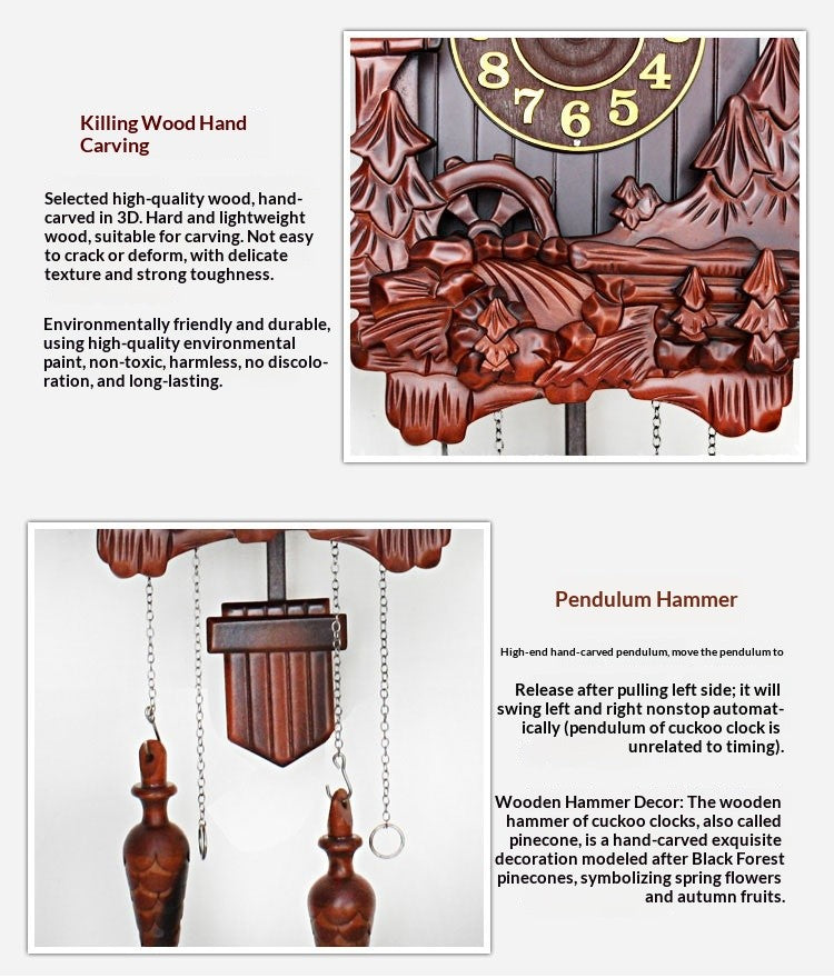 Wall Clock Hand Carved Solid Wood Cuckoo Musical Pendulum Silent Kids Room Home Decor Living Room Bedroom Clock Modern Design