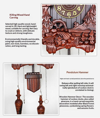 Wall Clock Hand Carved Solid Wood Cuckoo Musical Pendulum Silent Kids Room Home Decor Living Room Bedroom Clock Modern Design