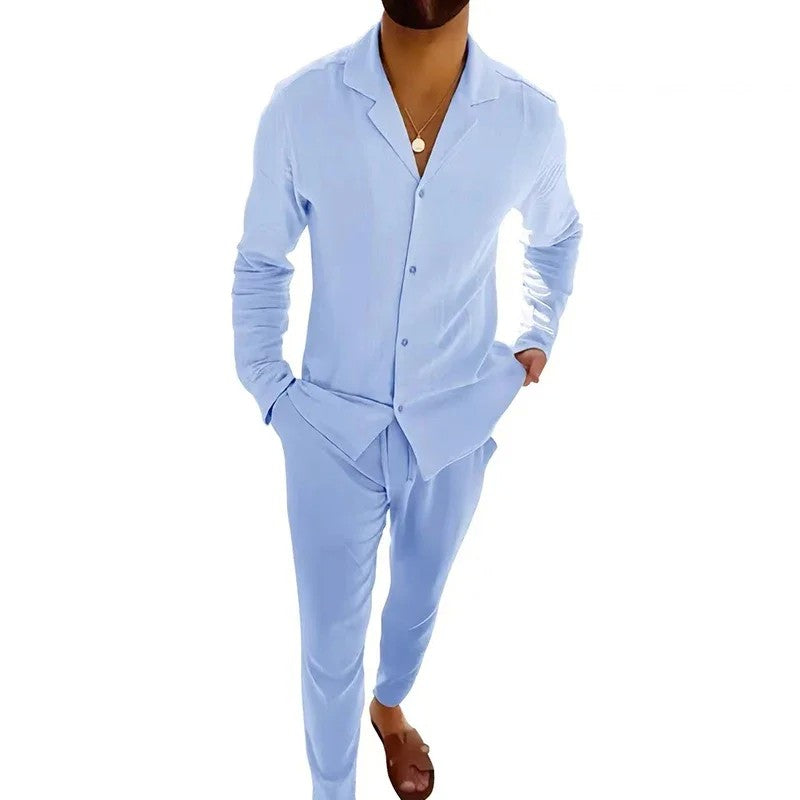 All Match Men's Tracksuit Fashion Solid 2024 Two Piece Slim Suit Autumn New Long Sleeve Button Shirts Top&Drawstring Pants Set