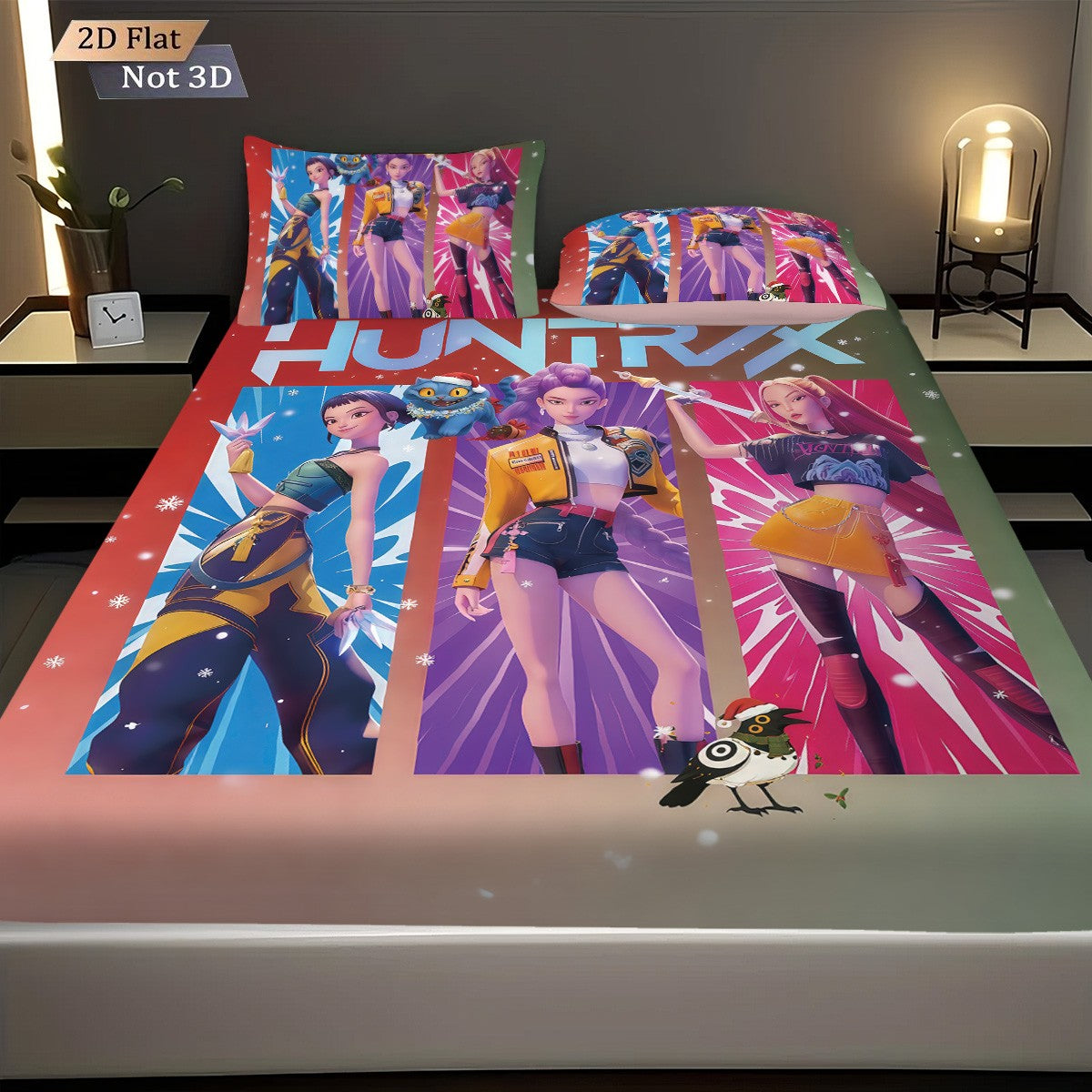 Conjunto de Lençóis Sem Lascas Estampados K-Pop Demon Hunters com 3 Peças e Vários Tamanhos de Capa de Cama Decoração de Cama Lavável à Máquina