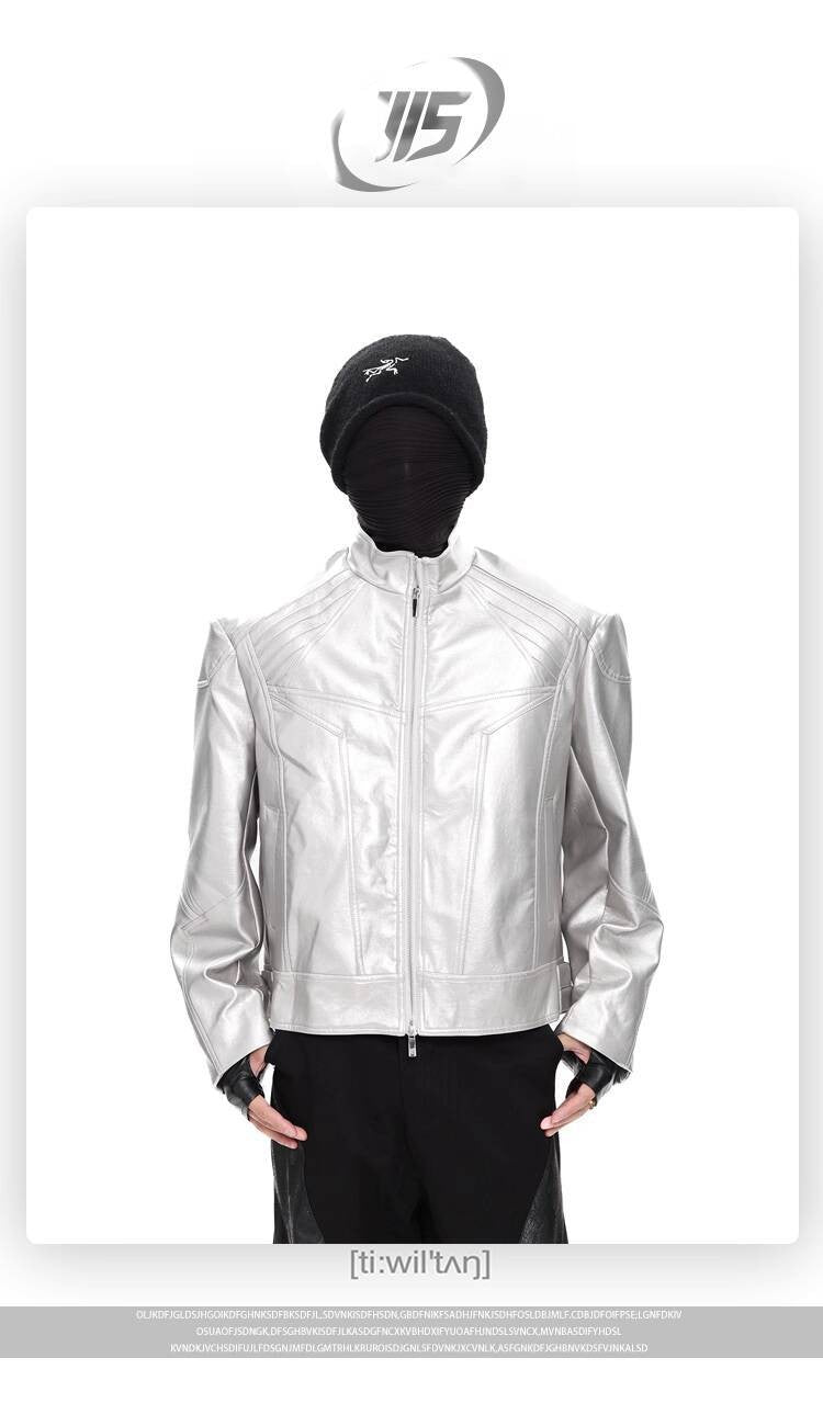 FEWQ Niche Design Men's PU Leather Coats Stand Collar Solid Color Zipper Metal Design Shoulder Pads Male Short Jacket 24K5931