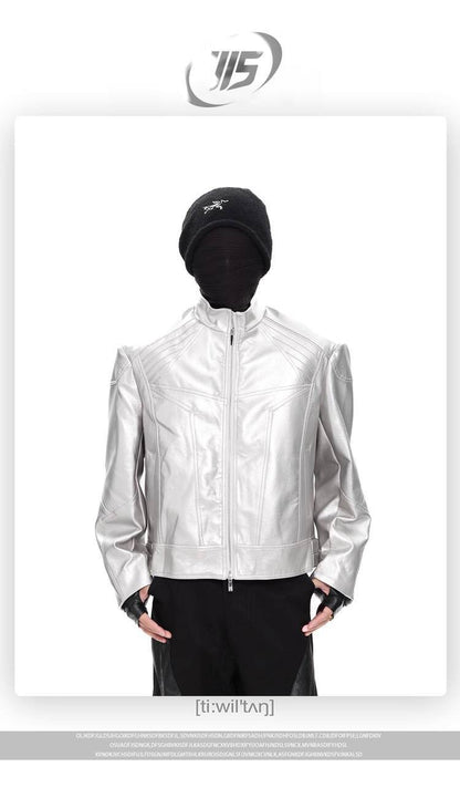 FEWQ Niche Design Men's PU Leather Coats Stand Collar Solid Color Zipper Metal Design Shoulder Pads Male Short Jacket 24K5931