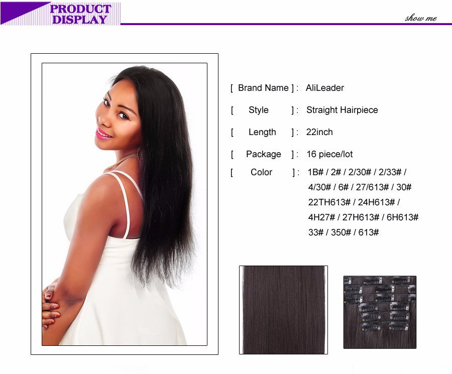 22 Polegadas Sintético Cabelo Liso Longo 16 Clipes 6 Peças/Conjunto Apliques de Cabelo Loiro Preto Resistente ao Calor Para Mulheres