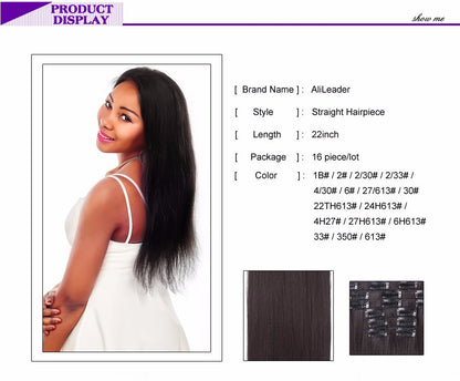 22 Polegadas Sintético Cabelo Liso Longo 16 Clipes 6 Peças/Conjunto Apliques de Cabelo Loiro Preto Resistente ao Calor Para Mulheres