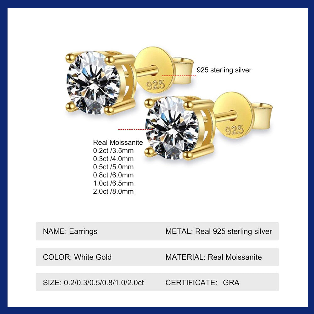 Certified Original 925 Silver Gold Stud Earrings for Women Men 3.5mm 4mm 5mm 6mm 6.5mm Moissanite 4 Claw Earring Fine Jewelry