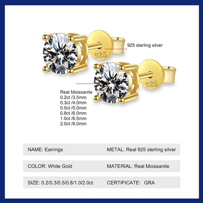 Certified Original 925 Silver Gold Stud Earrings for Women Men 3.5mm 4mm 5mm 6mm 6.5mm Moissanite 4 Claw Earring Fine Jewelry