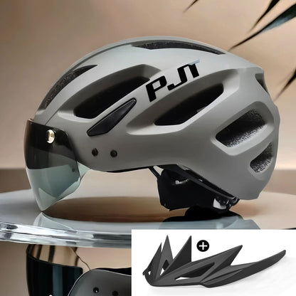 PJT Adult Bike Helmet With Rechargeable LED Rear Light Dual Mode Goggle Cycling Helmet MTB Lightweight Breathable Bicycle Helmet
