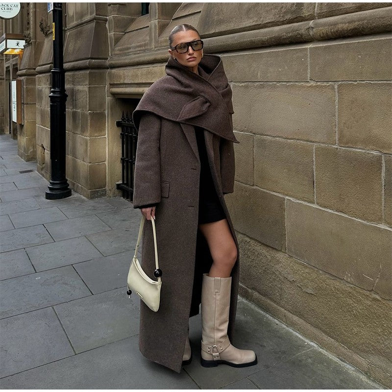 Women Shoulder Pad Wool Long Coats Fashion Lapel Single-breasted Long Sleeve Coat Chic 2025 Autumn Lady Commute Street Outerwear