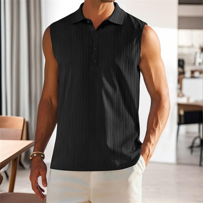 Men s Sleeveless Collared Tank Tops with Textured Stripes and Half Button-up Detail Solid Color Casual Shirts for Summer Wear